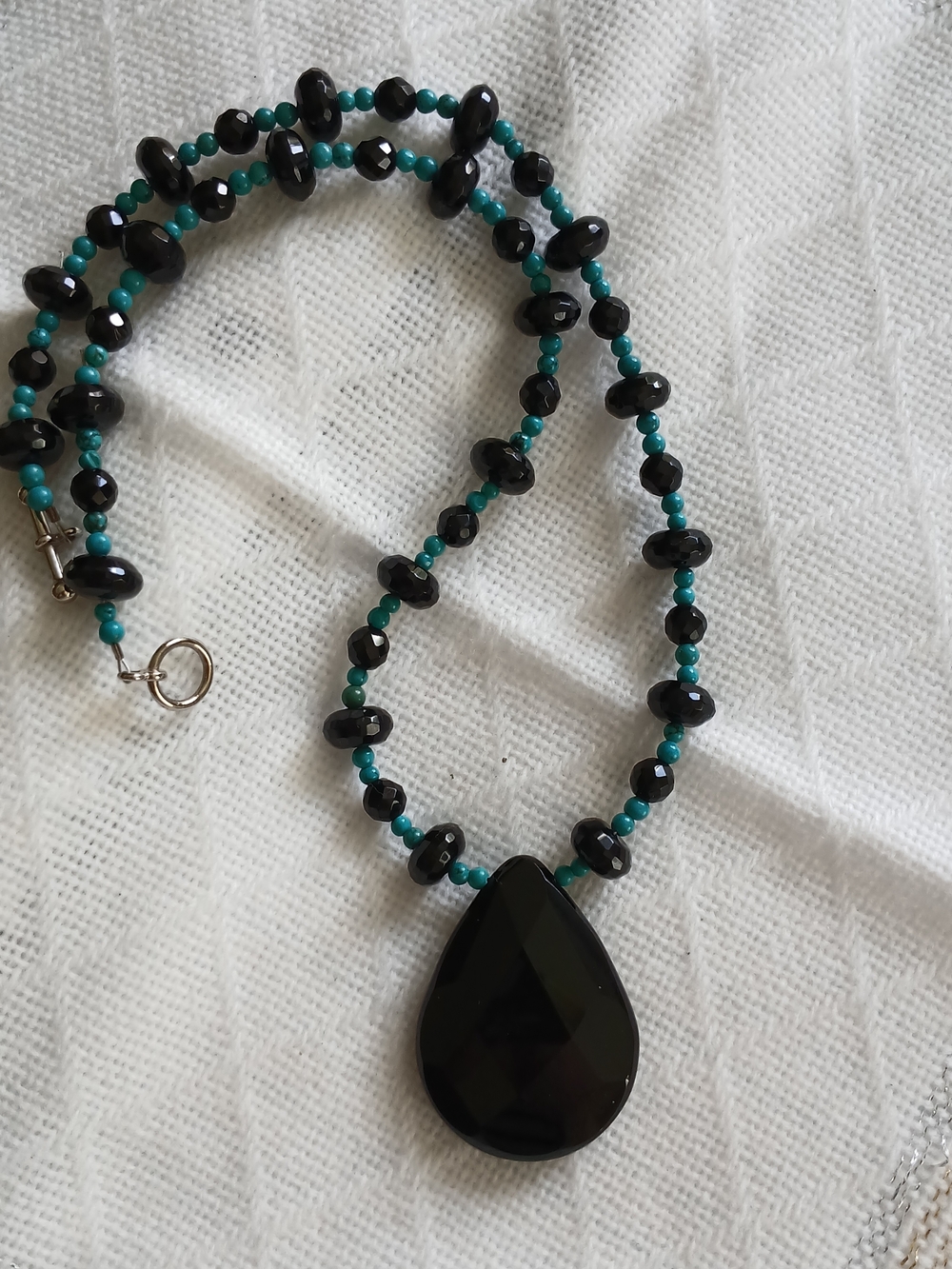 Onyx Pendant & Faceted Onyx Beads & Round Turquoise Bead Necklace